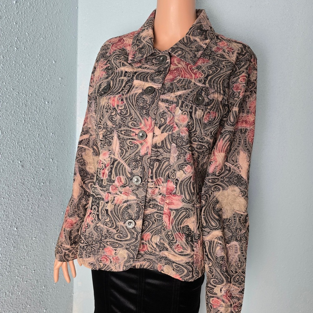 Analogy Paisley Floral Tapestry Jacket Women's Large Pink Grey Stretch Trucker